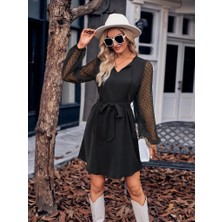 Moda Loris Kadın Uzun Kollu Yakadan Bağcıklı Belden Kuşaklı Ithal Krep Elbise