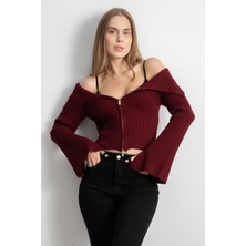 Kadın Çift Fermuarlı Fitilli Triko Hırka - Bordo
