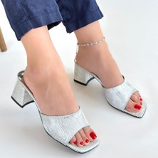 SEPET365 Luart Gümüş Simli Topuklu Terlik