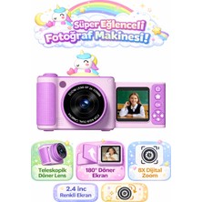 Qasul Unicorn Çocuk Fotoğraf Makinesi | 180° Döner Ekran, 8x Dijital Zoom, 2.4” Renkli Ekran