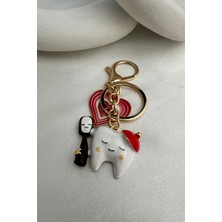 Modex Altın Rengi Kırmızı Kalp Detay Mineli Diş Çanta Aksesuarı Anahtarlık