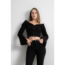 Kadın Çift Fermuarlı Fitilli Triko Hırka - Siyah