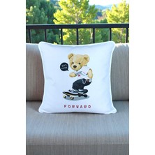 Visionario Kırlent Kılıfı Ayıcık Desenli 45X45 Raşel Örme Kadife Çift Taraflı Dijital Baskı Beyaz Biyeli - 02