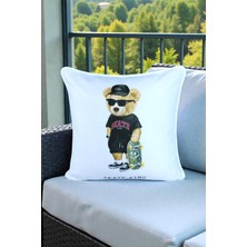 Visionario Kırlent Kılıfı Ayıcık Desenli 45X45 Raşel Örme Kadife Çift Taraflı Dijital Baskı Beyaz Biyeli - 04