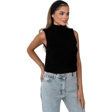 Kechi Woman Siyah Kıvırcık Sıfır Kol Triko Süveter