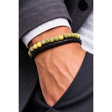 Herşey Nota Olive Stone – Yeşil Doğaltaş & Siyah Örgü Deri Erkek BILEKLIK-60-105