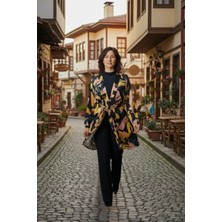 Maksen Tekstil Viskon Kumaş Kuşaklı Geometrik Desenli Kadın Bağlamalı Siyah Kimono