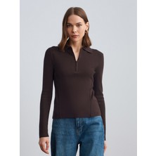 Dilvin 10862 Kaşmir Karışımlı Fermuarlı Kazak-Koyu Kahve