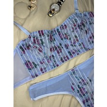 Rozenin Lingerie Mavi Çiçekli Korseli Simli Tül Büstiyer Sütyen Takımı