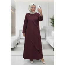 Hermevsim Elele Kadın Arden Oysho Verev Modelli Kombinli Bordo Elbise