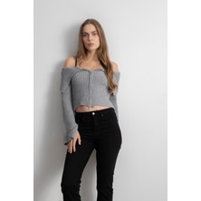 Kadın Çift Fermuarlı Fitilli Triko Hırka - Gri