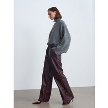 Dilvin 72238 Suni Deri Paçası Geniş Pantolon-Bordo