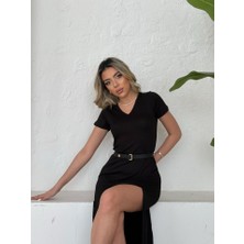 Moda Loris Kadın Kısa Kollu V Yaka Maxi Boy Elbise 124 cm