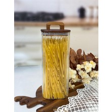 Mien Borosilikat Çizgili Cam Kavanoz Akasya Kapak Kare Model 1850 Ml