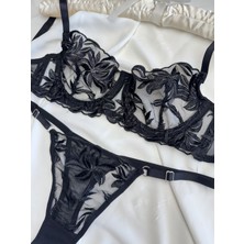 Rozenin Lingerie Rozenin Kadın Yılbaşı Çiçek Desenli Transparan Bralet Sütyen Takımı Rahat Tasarımlı