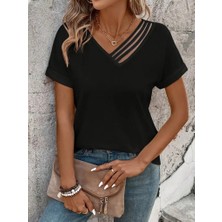 Moda Loris Kadın Kısa Kollu V Yakalı Şerit Detaylı Viskon Bluz