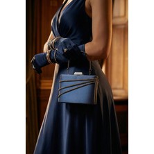 Erkan Saçmacı Lacivert Saten Taşlı Metal Saplı Zincir Askılı Abiye Çanta