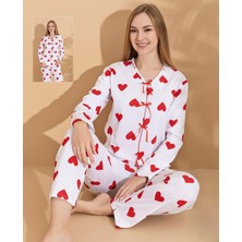 Eta Kalp Desenli Düğmeli Uzun Kollu Kadın Pijama Takımı – Yumuşak Kumaş