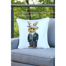 Visionario Kırlent Kılıfı Tavşan Desenli 45X45 Raşel Örme Kadife Çift Taraflı Dijital Baskı Beyaz Biyeli 04