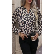 Moda Loris Kadın Uzun Kollu V Hakim Yakalı Leopar Desenli Süprem Bluz