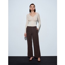 Dilvin 72252 Dikiş Detaylı Süet Görünümlü Pantolon-Kahve