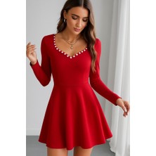 Moda Loris Kadın Uzun Kollu Inci Yakalı Kısa Ithal Krep Elbise