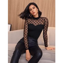 Moda Loris Kadın Uzun Kollu Yarı Balıkçı Yakalı Tül Detaylı Dalgıç Bluz