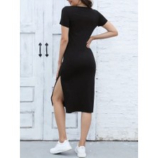 Moda Loris Kadın Kısa Kollu Yanı Yırtmaçlı Bisiklet Yaka Dizde Viskon Elbise