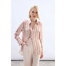 Sateen Renkli Çizgili Gömlek - Pudra