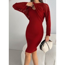 Moda Loris Kadın Uzun Kollu Delikli Kazak Askılı Elbise Triko Ikili Takım