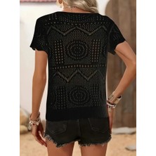 Moda Loris Kadın Kısa Kollu Bisiklet Yaka Desenli Triko Bluz