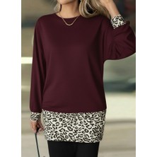 Moda Loris Kadın Uzun Kollu Bisiklet Yaka Üst Viskon Iki Iplik Alt Leopar Desenli Mini Elbise