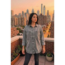 Asist Ast 918 Yıldız Işleme Boncuklu Oversize Cepli Kadın Kot Ceket Gri