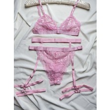 Rozenin Lingerie 3'lü Set Bant Detaylı Balensiz Bacak Aksesuarlı Sütyen Takımı