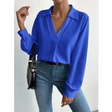 Moda Loris Kadın V Yaka Uzun Kollu Mosskrep Kumaş Bluz