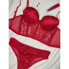 Rozenin Lingerie Kırmızı Dantelli Korseli Destekli Büstiyer Sütyen Takımı