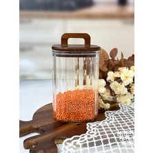 Mien Borosilikat Çizgili Cam Kavanoz Akasya Kapak Kare Model 1100 ml