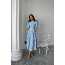 Moda Loris Bebe Mavi Kat Kat Balon Kollu Kemerli Elbise