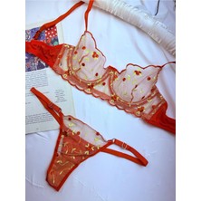 Rozenin Lingerie Rozenin Romantik Turuncu Çiçekli Kapsız Bralet Tanga Seti Yumuşak Kumaş ve Esnek Yapı
