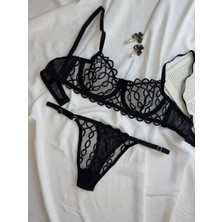 Rozenin Lingerie Yılbaşı Özel Siyah Zincir Desenli Transparan Bralet Takım