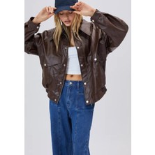AGM Cider Kadın Suni Deri Bomber Ceket , Kahverengi Fermuarlı Deri Ceket ,oversize  Kadın Ceket