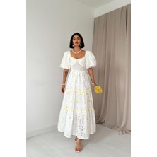 Moda Loris Sarı Dantel Detaylı Brode Elbise