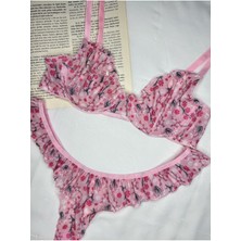 Rozenin Lingerie Pembe Fırfırlı Çiçek Desenli Transparan Romantik Bralet Takım (Sütyen&tanga)