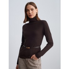 Dilvin 10861 Kaşmir Karışımlı Kemerli Kazak-Koyu Kahve