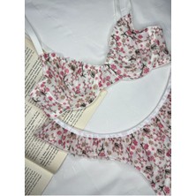 Rozenin Lingerie Ekru Fırfırlı Çiçek Desenli Transparan Romantik Bralet Takım (Sütyen&tanga)