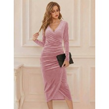 Moda Loris Kadın Uzun Kollu Kruvaze Yaka Belden Büzgü Detay Midi Kadife Elbise