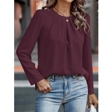 Moda Loris Kadın Uzun Kollu Yuvarlak Önden Pileli Ithal Krep Bluz