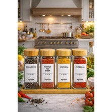 4'lü Bambu Kapaklı Kare Cam Baharatlık Takımı  /  Etiketli 4'lü Baharatlık Seti