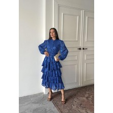 Moda Loris Saks Valonlu Şeritli Kat Kat Elbise