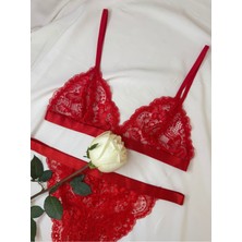 Rozenin Lingerie Yılbaşı Özel Kırmızı Parlak Bant Detaylı Dantelli Bralet Sütyen Takımı